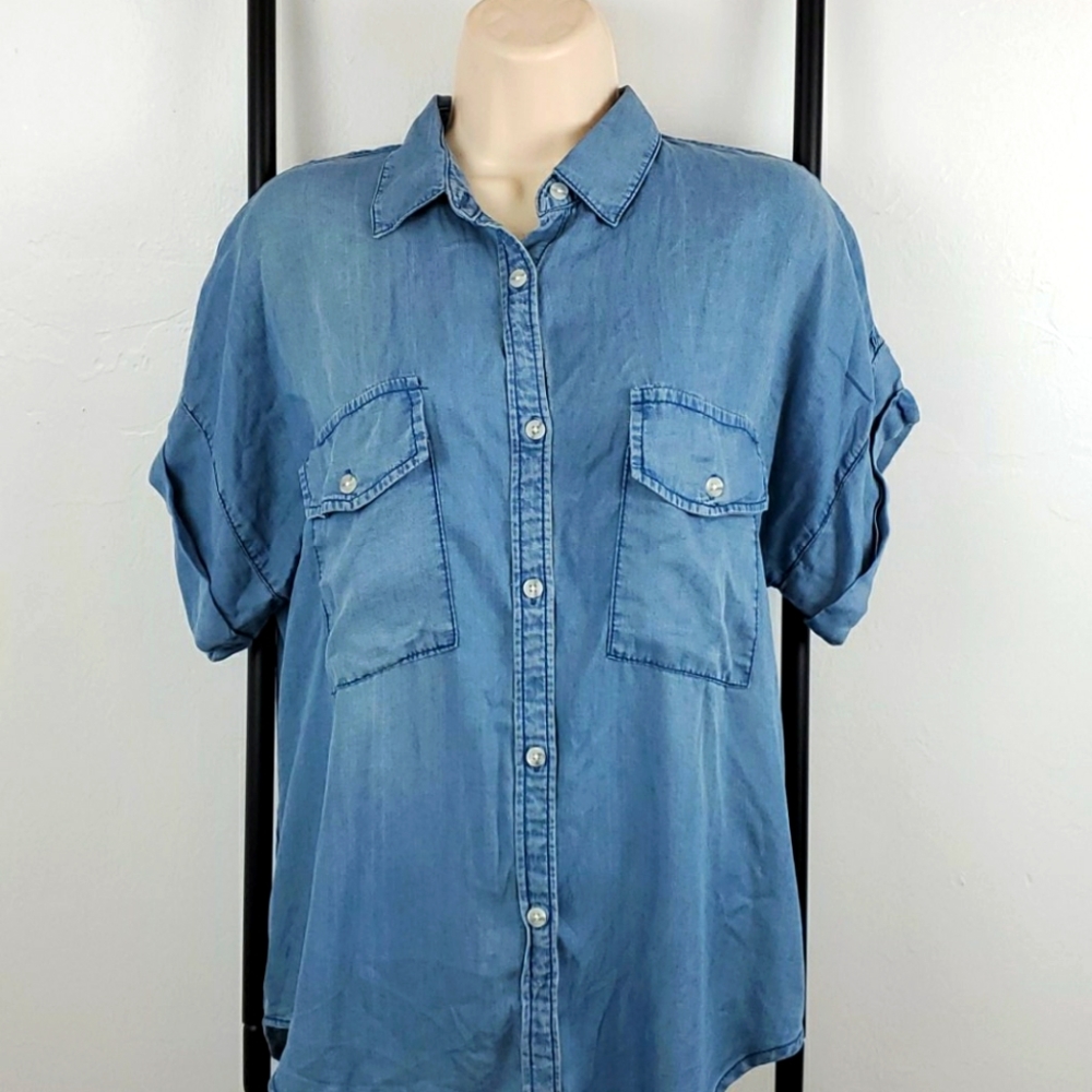 Thread Supply denim top blouse buttons up shirt women size M New